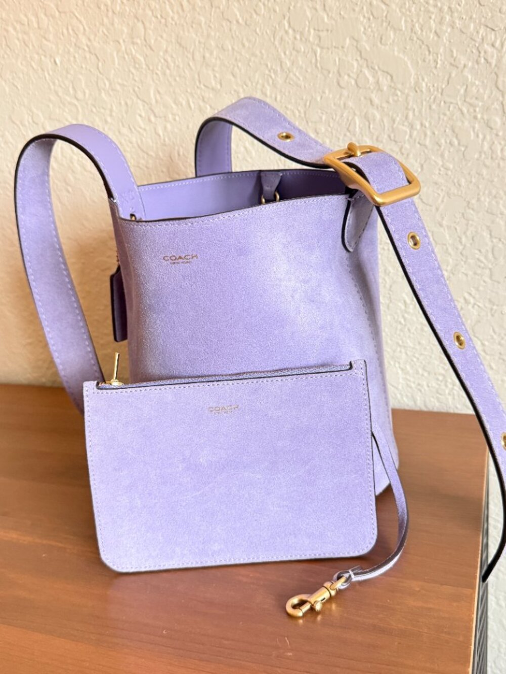 Coach Bleecker Bucket Bag 21 Violet Mist Suede Lavender Brass Removable Pouch - Picture 2 of 14